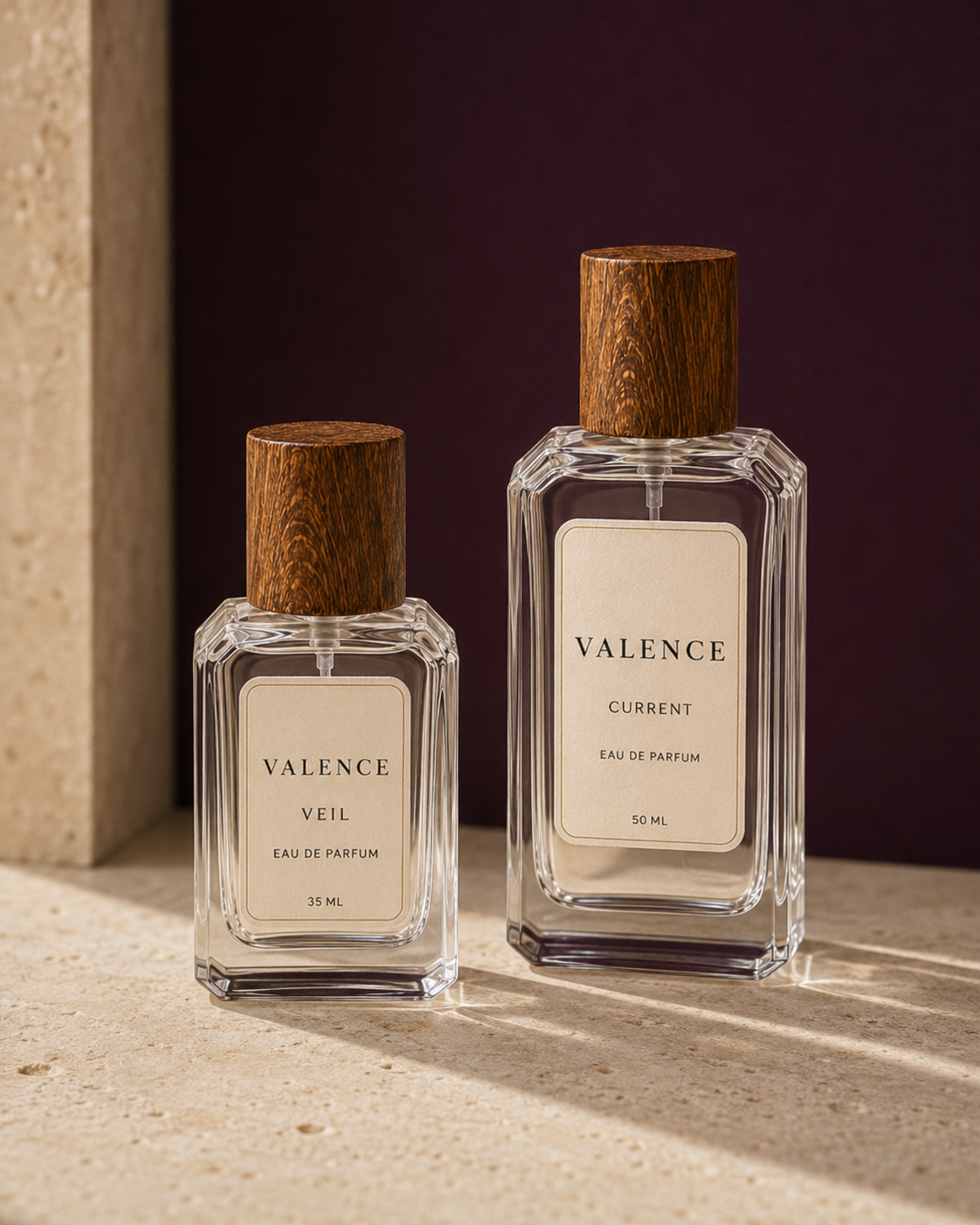 VALENCE 35 mL and 50 mL bottles with wood-look caps